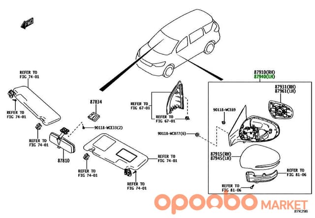 TOYOTA MIRROR ASSY, OUTER REAR 87940-WC078